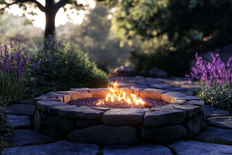 A serene outdoor setting with a round, stone-built above-ground fire pit, surrounded by lush greenery and purple flowers, with soft sunlight filtering through the trees.