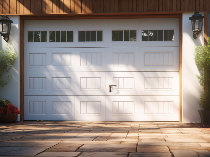 A modern garage door with an integrated pedestrian door set in a residential driveway.