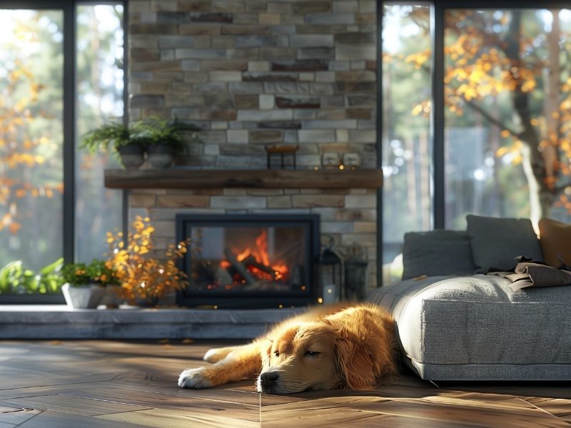 Dog lying in front of a fireplace with a enduring masonry chimney in a cozy living room.