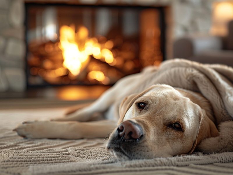 Dog lying in front of a new gas fireplace with flames. Cozy room featuring the proper amount of heat output.