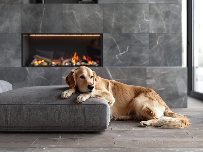 A dog lying in front of a beautiful modern fireplace classified as an appliance in Pennsylvania.