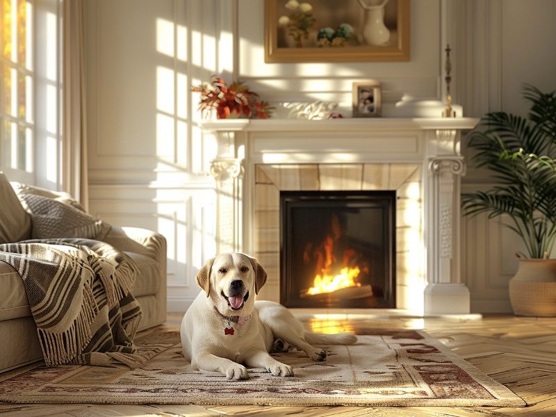 A cozy living room with a loyal dog and a warm fireplace, crackling with flames.