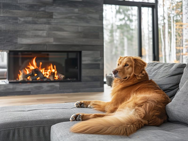 Dog lying on a comfortable couch in front of a modern gas fireplace with a sleek design in a living room.