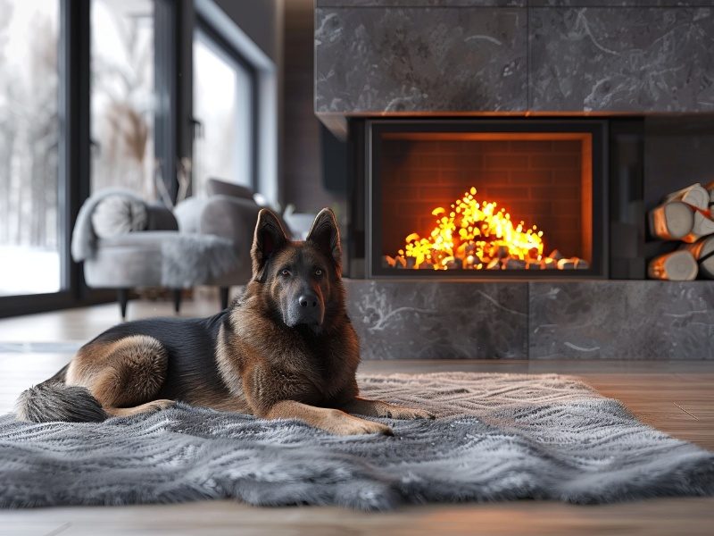 Dog lying on a cozy rug in a modern living room featuring a sleek, durable fireplace.