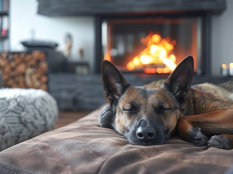 A dog peacefully sleeping near a glowing fireplace, exploring the safety of sleeping by a fire.