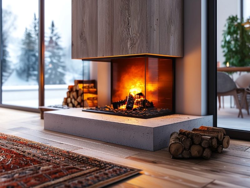 A cozy living room with a crackling fireplace in winter.