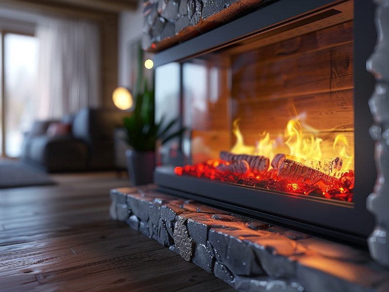 Modern Electric Fireplace shown in corner configuration with stone hearth.