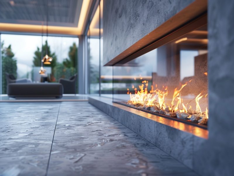 contemporary electric fireplace in a modern living room, no longer making noise after service from Dreifuss Fireplaces.