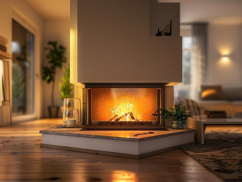 A cozy living room featuring a corner fireplace with a warm, glowing fire. The fireplace is set in a unique angled design with a marble base, complementing the wooden floors and soft lighting. Potted plants, glass lanterns, and a comfortable seating area create an inviting and relaxing atmosphere, with large windows offering a view of the outdoors.