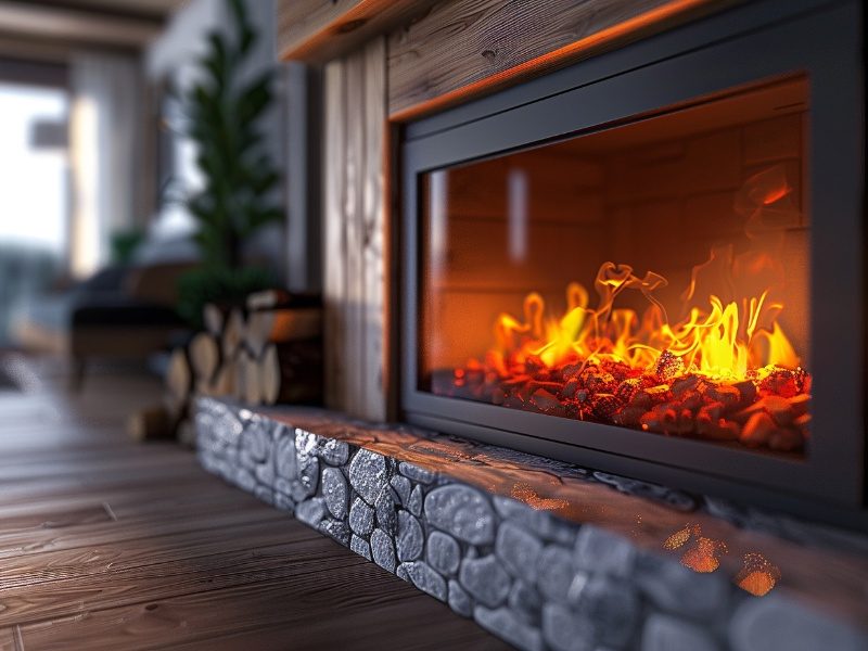 Close-up of a stone and wood fireplace surround with a roaring fire.