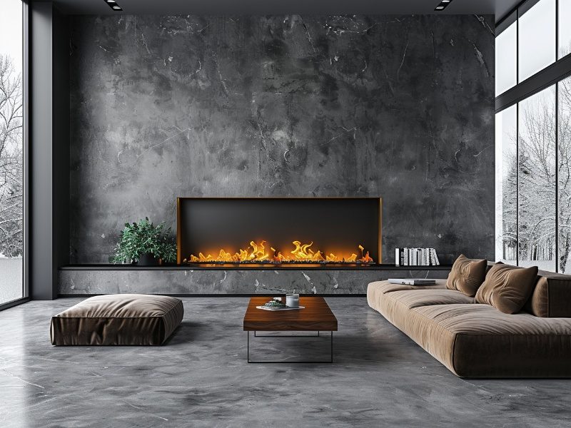 Wall-mounted electric fireplace with a sleek, minimalist frame in a contemporary living space.