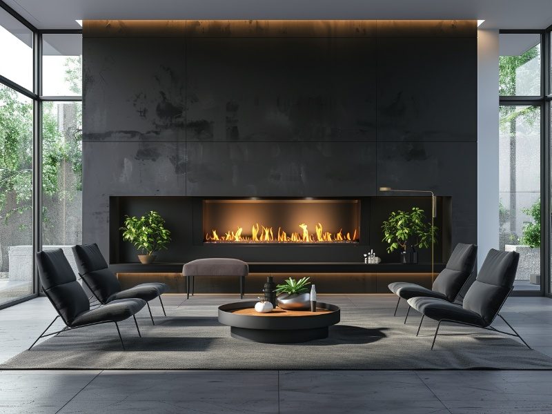 A modern living room with a sleek built-in electric fireplace, featuring comfortable chairs, a round coffee table, and indoor plants, all set against a dark accent wall with large windows bringing in natural light.