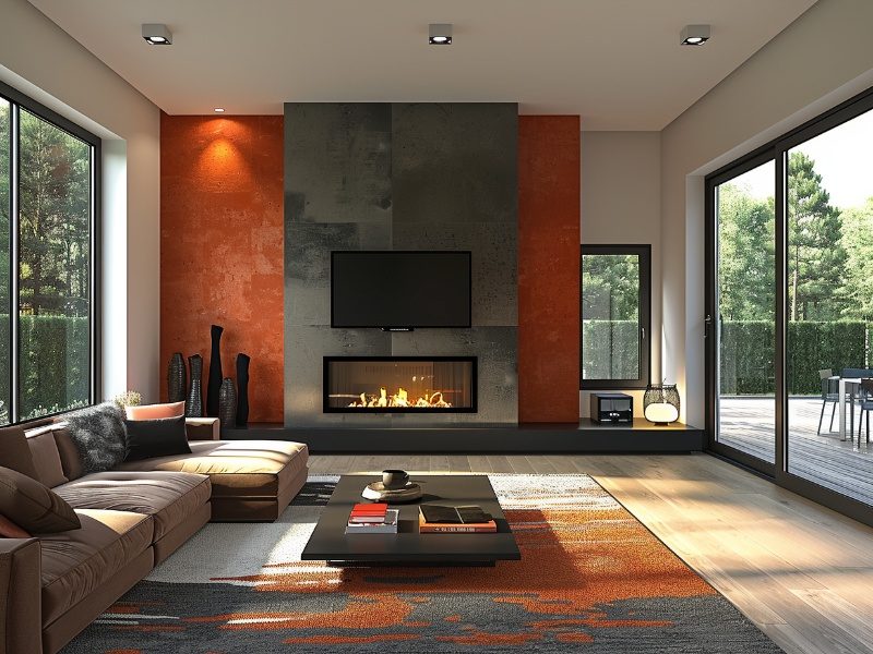 A modern living room with a gas fireplace set against a bold orange accent wall, filled with natural light.