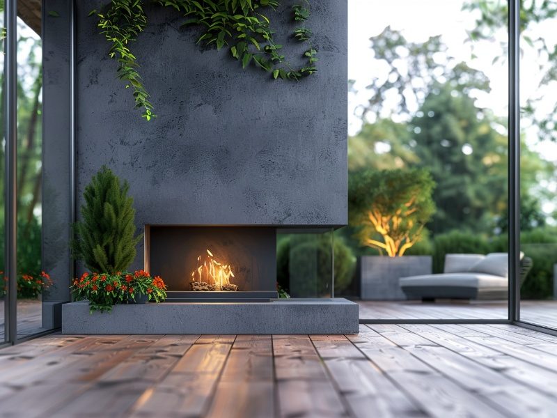 Gas fireplace insert in a modern outdoor patio.