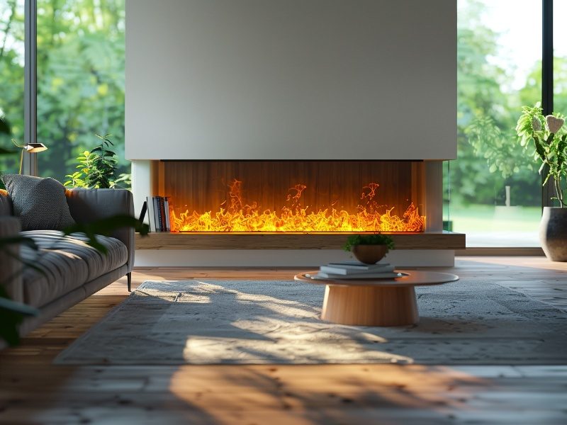 Modern living room with a sleek LED fireplace.