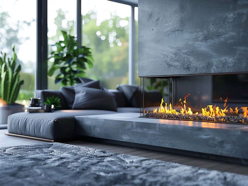 A sleek, modern living room with a contemporary fireplace, retroactively installed remote control, and cozy seating, featuring large windows and indoor plants, creating a comfortable and stylish atmosphere.