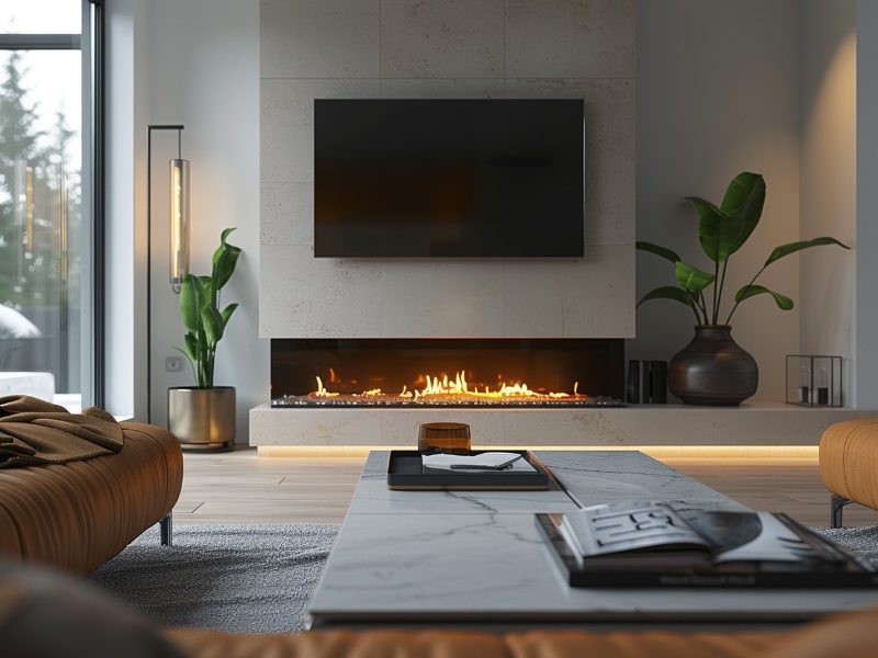 A modern living room featuring a sleek linear fireplace beneath a wall-mounted TV, with minimalist furniture, indoor plants, and warm lighting, creating a stylish and functional space.