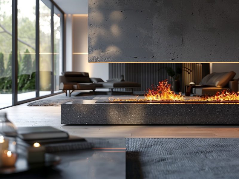 A modern living room featuring a sleek gas insert fireplace with vibrant flames. The fireplace is integrated into a minimalist concrete base, with a contemporary design emphasizing clean lines and open space. Comfortable seating and large floor-to-ceiling windows offer a view of lush greenery, creating a serene and inviting ambiance.