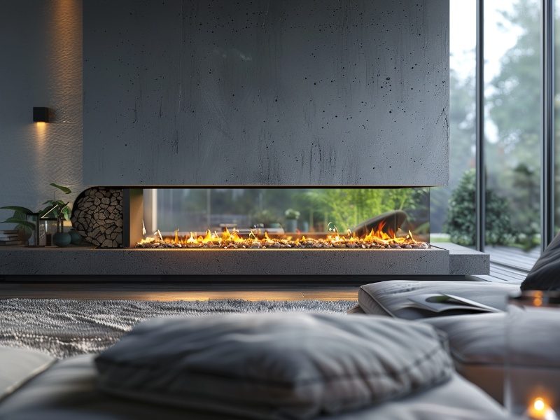 Sleek fireplace in a contemporary living room, showcasing energy-efficient design.