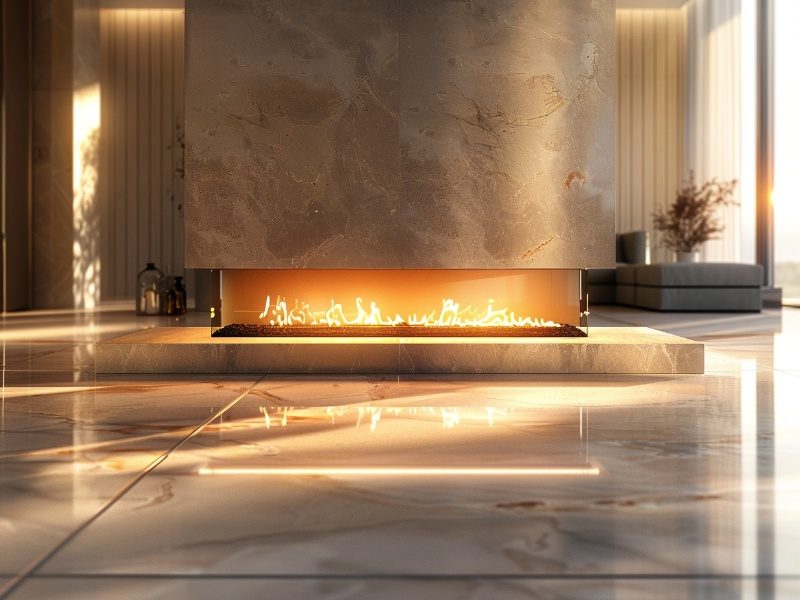 Contemporary fireplace with clean lines and high-end finishes in a stylish living area.