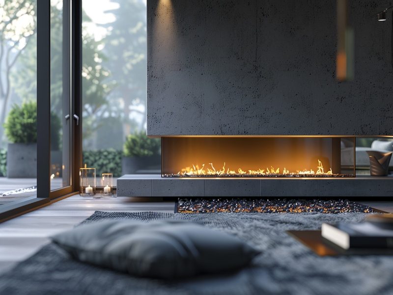 Gas fireplace with adjustable flame settings; master fireplace operations and functionality.