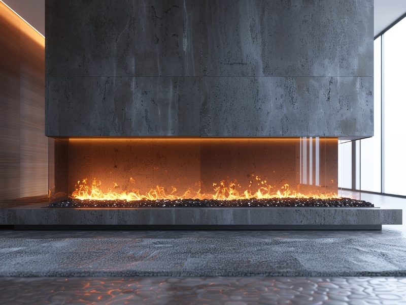 Newly installed modern fireplace in a living room.