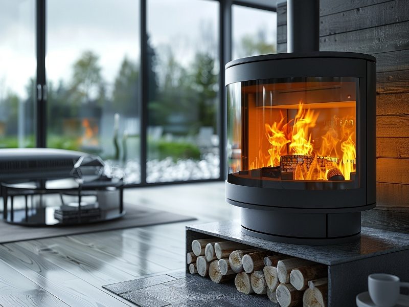 A cozy living room with a cast iron wood-burning stove.