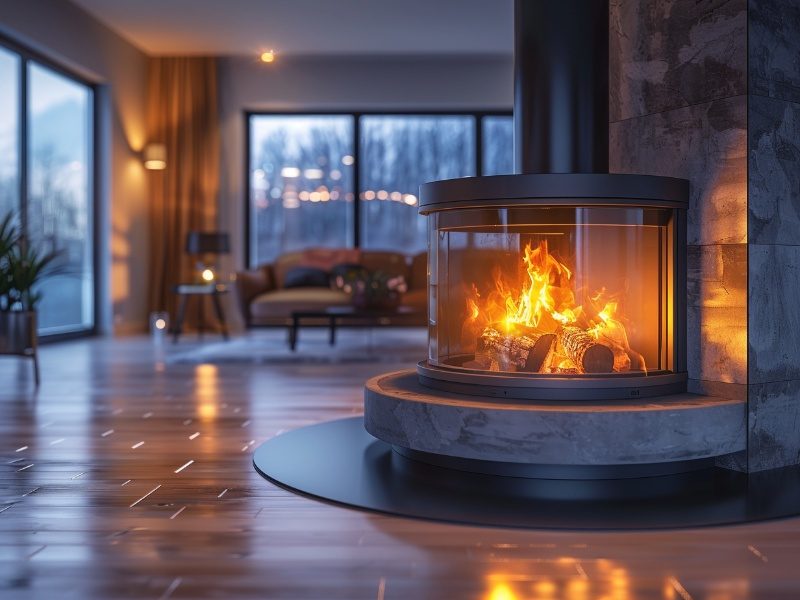 Multi-fuel fireplace in a comfortable room, emitting heat and a cozy ambience.