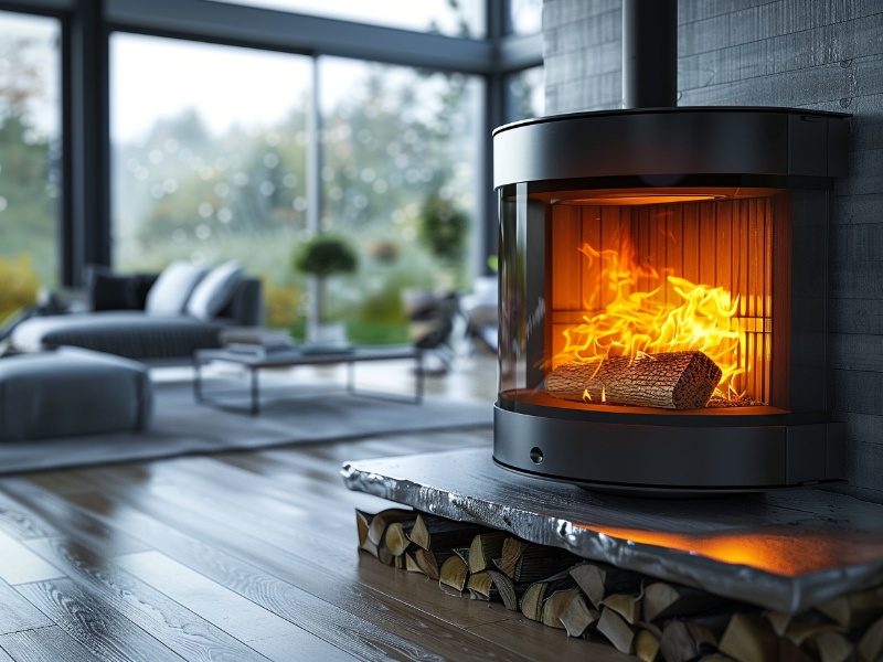 Modern living room with a fireplace and a stack of firewood, illustrating a cord of wood.