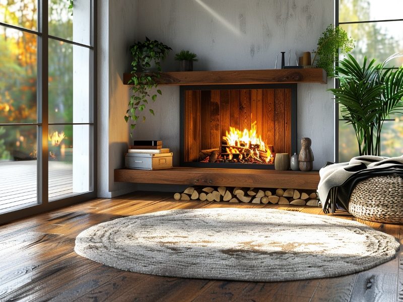 Modern gas fireplace insert with realistic flames in a cozy living room.