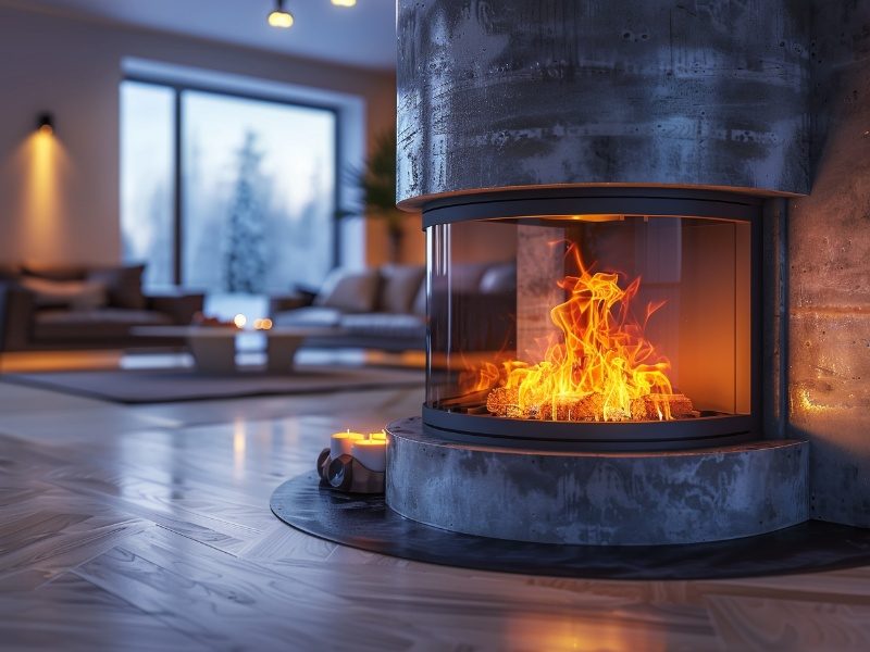 Modern living room with a closed combustion fireplace.