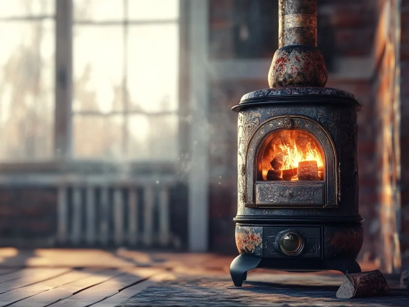 A vintage potbelly stove with a glowing fire inside, set in a rustic room with exposed brick walls and large windows, creating a nostalgic and cozy ambiance.