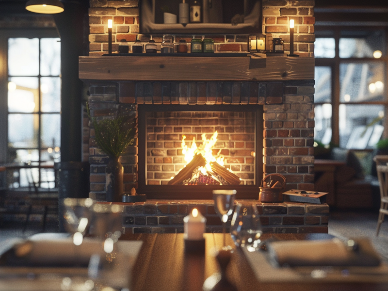 Fireplace with brick surround in a restaurant, creating a cozy atmosphere and ambience.