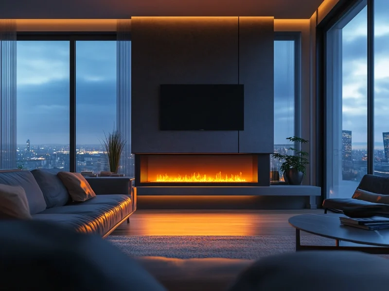 Modern living room with TV mounted above a sleek electric fireplace.