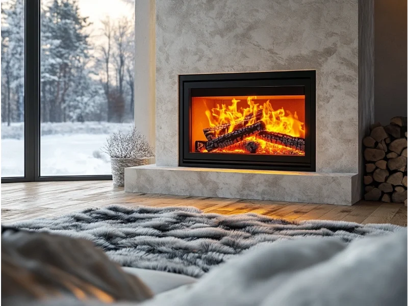 Modern fireplace burning natural gas in a cozy living room in Pennsylvania; winter scene in the background.