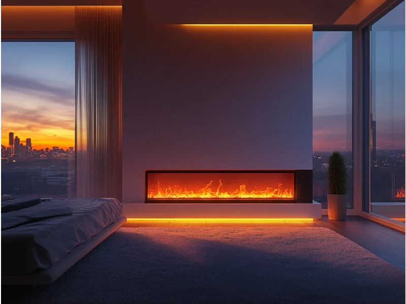 Contemporary bedroom with a modern, sleek electric fireplace encased by new glass, after glass was broken.