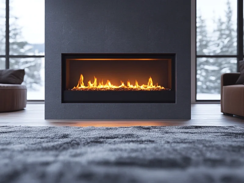 A sleek, modern living room featuring a linear gas fireplace with vibrant flames set within a dark, minimalist surround. The room is accented by large floor-to-ceiling windows showcasing a snowy outdoor scene, creating a cozy and inviting atmosphere. A plush rug adds warmth and texture to the space.