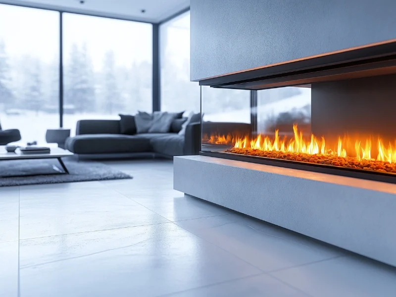 Sleek modern fireplace in a minimalist living room, showing the need for fire-rated materials.