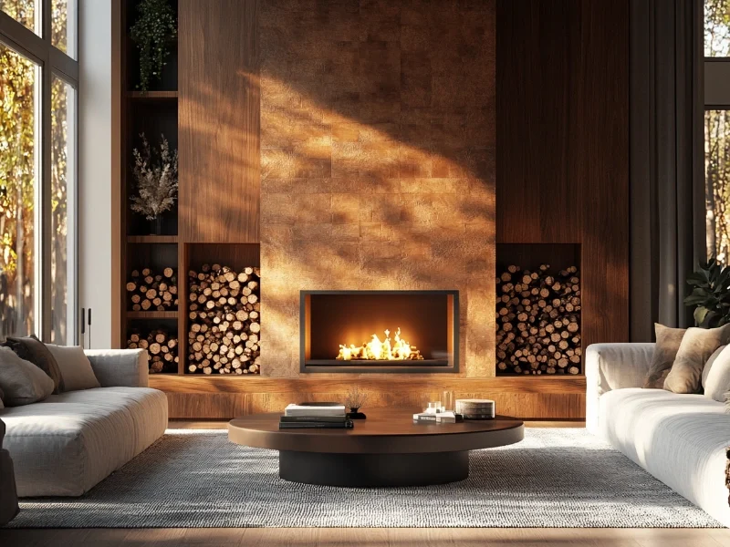 Modern living room with a fireplace and stacked firewood, exploring the fastest wood to season.