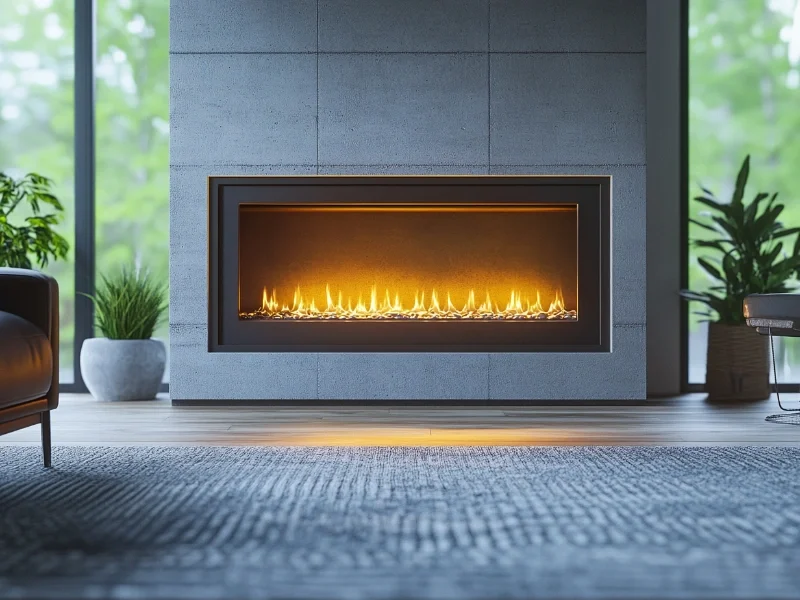 Long lasting gas fireplace in a modern living room, giving off heat and a beautiful ambiance.