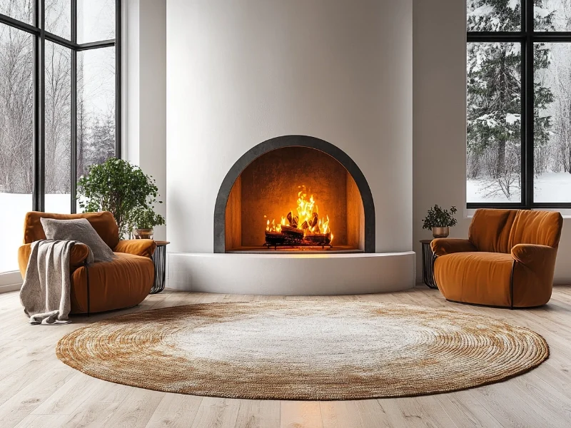 A cozy living room with a large arched fireplace with chimney, two plush orange chairs, and large windows offering a snowy outdoor view, creating a warm and inviting atmosphere.