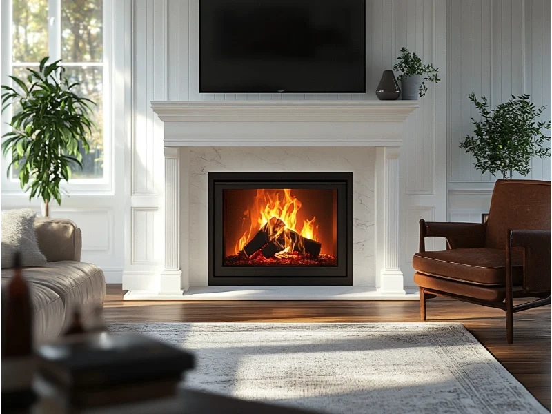 TV above a gas fireplace in a traditional cozy living room.