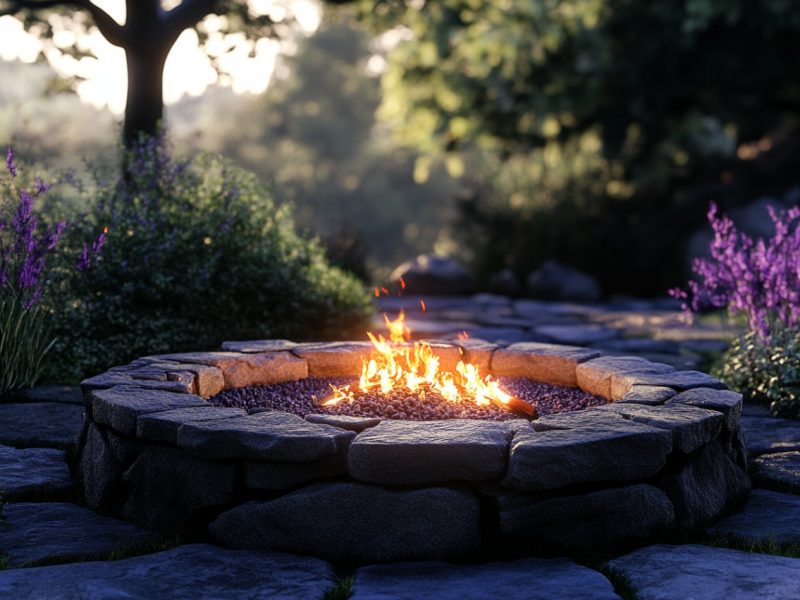 A serene outdoor setting with a round, stone-built above-ground fire pit, surrounded by lush greenery and purple flowers, with soft sunlight filtering through the trees.