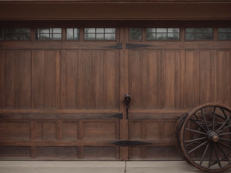 Barn style farmhouse garage door in rustic wood enhancing home exterior.