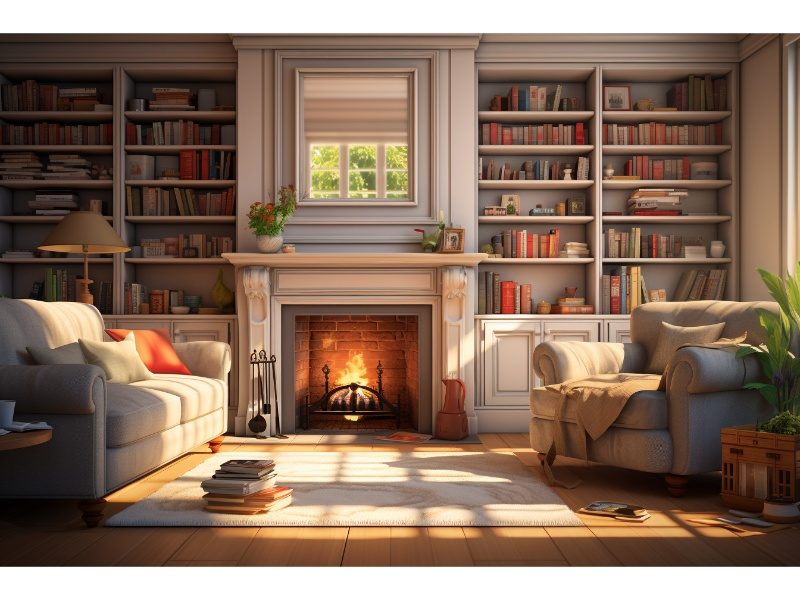 Built-in fireplace cabinets with books and decorative items