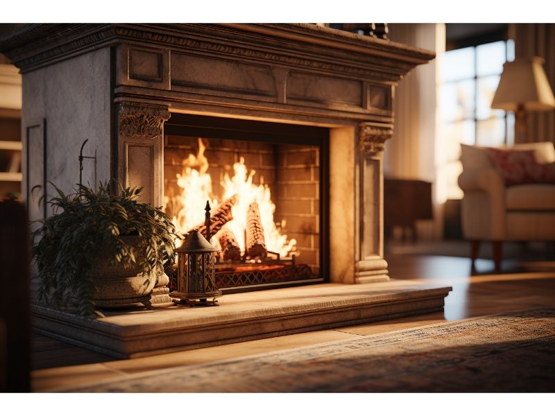 Classic fireplace in a cozy home, highlighting the critical role of the chimney crown in protection.