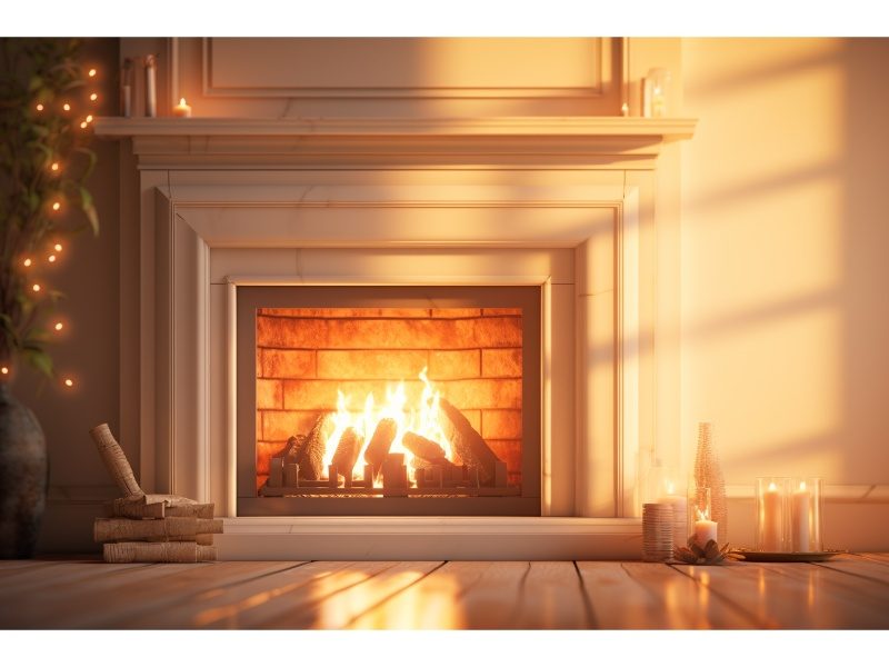 Close-up of a modern fireplace insert with a glowing fire.