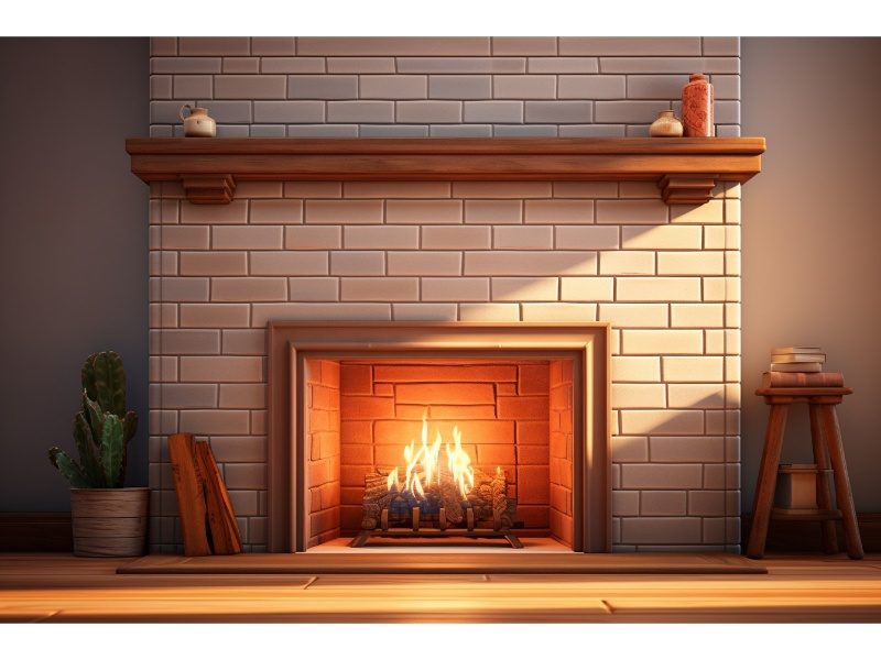 A cozy fireplace with a bright flame surrounded by white brick and a wooden mantel, with decorative items placed on the mantel and nearby furniture.