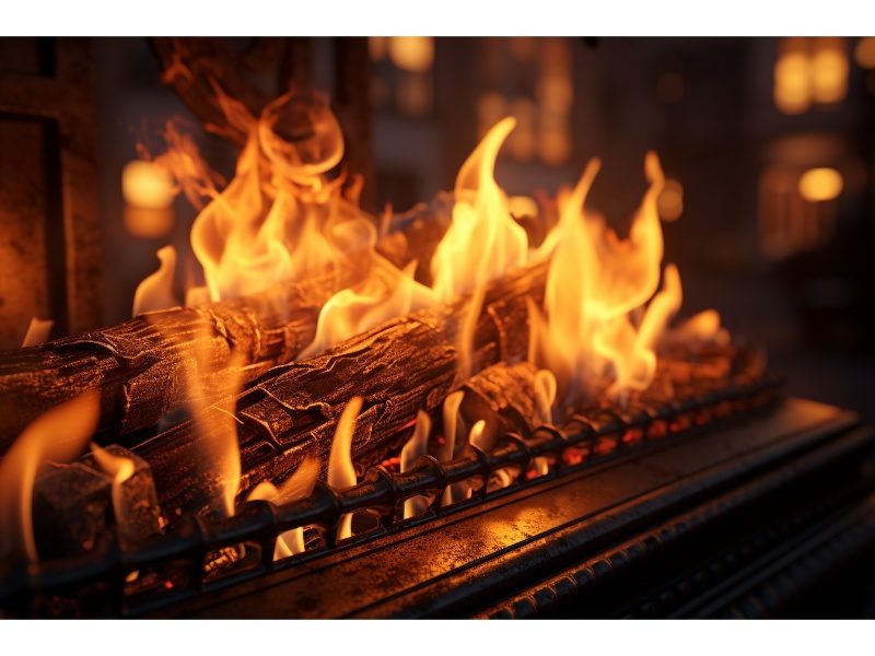 Crackling fire in a traditional fireplace with hardwood logs.