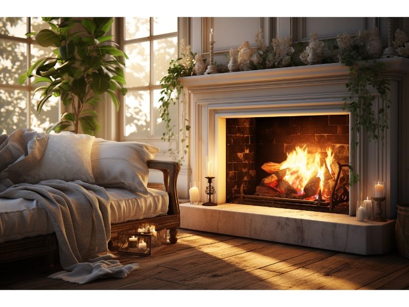Cozy living room illuminated by the warm glow of a gas fireplace.